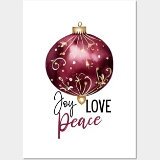 Joy Love and Peace Holiday Ornament in Gold and Burgundy Design Posters and Art